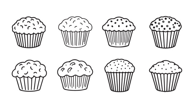 Hand drawn collection of delicious muffins and cupcakes featuring various toppings and paper liners vector