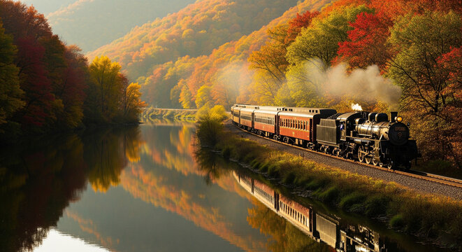 Autumn train through golden forest in foggy morning light