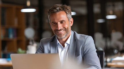 Cheerful mature man smiling at office desk