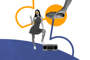 Composite trend artwork sketch photo collage of surreal space young lady celebrate party listen music boombox mic song two finger gesture