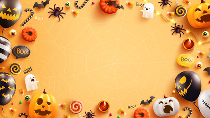 Festive Halloween Border with Pumpkins, Balloons, and Decorations for Autumn Celebrations
