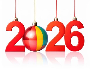 Colorful hanging Christmas ornament next to red '2026' numbers on a minimalist white background, modern festive look.