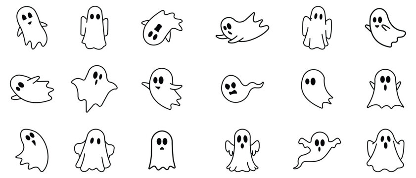 set of cute ghost outlined style. set of cute Halloween ghosts illustration design. Ghost illustrations with various expressions. The symbol of the Happy Halloween holiday. Vector illustration.