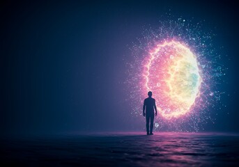 Fototapeta premium Silhouette walks toward a glowing cosmic portal.!!