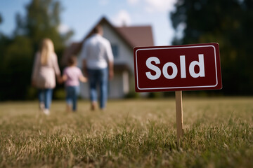 Sold sign in sharp focus on the lawn as a smiling family walks toward their new house in the sunny, blurred background, symbolizing homeownership and fresh beginnings