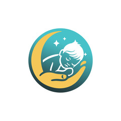 Stylized Sleeping Baby in Hand on Moon with Stars Logo Design
