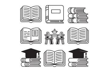 Books and Education Icons Line Art Illustrations