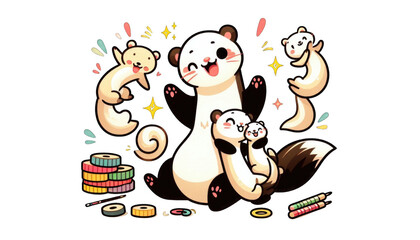 Fototapeta premium Playful ferrets enjoying colorful toys and coins