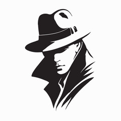 Classic Detective Character Silhouette Logo Vector on white background