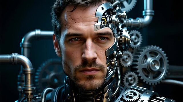 Futuristic portrait of young man with half human, half cyborg face, exposed mechanical gears and machinery, dark background