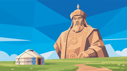 Illustration Of A Large Statue Of Genghis Khan In The Grassland With A Vast Blue Sky Vector Design Template