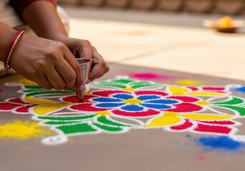 Obraz premium Close-up of hands arranging flower petals on a vibrant, intricate rangoli design for the Diwali celebration.