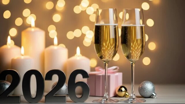 New years eve celebration with champagne, candles, gifts, and 2026 numbers