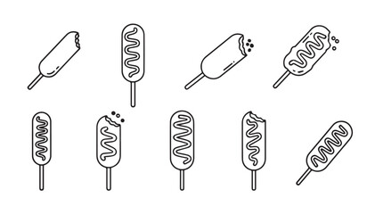 Hand drawn corn dogs on sticks with various toppings and styles set vector