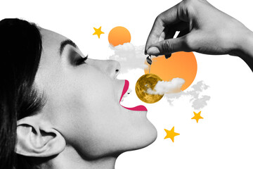 Composite photo collage of closeup female face hold moon planet cherry imitation want eat alien space star isolated on painted background
