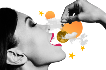 Composite photo collage of closeup female face hold moon planet cherry imitation want eat alien space star isolated on painted background