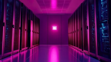 Futuristic data center servers corridor with glowing blue and pink lights reflecting on floor for global network and digital technology footage. - Powered by Adobe