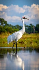 Naklejka premium White crane wading in shallow water