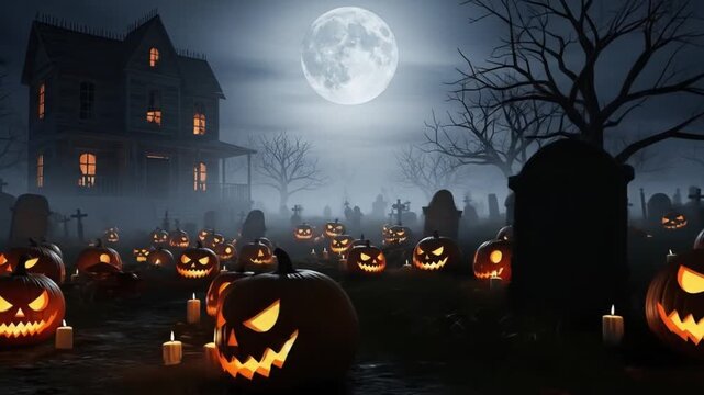 A dark, atmospheric night with a haunted house on a hill, twisted trees framing the scene, and several glowing pumpkins in the foreground.
