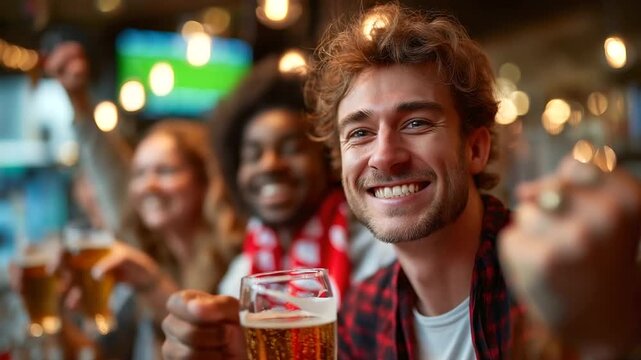 Diverse group of friends raising beers and shouting for their team&rsquo;s goal at a lively pub counter, diverse sports fans pub joy, team victory beer celebration, cheering goal moment,