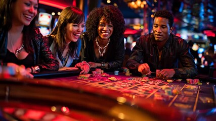 Group of cheerful friends laughing and enjoying their time at the casino table, representing joy, luck, and shared excitement.