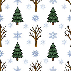 Charming winter forest seamless vector pattern with evergreen trees, bare branches, and delicate snowflakes on a white background.