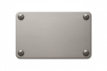 Stainless steel brushed metal plate with rounded corners, screw bolts securing the industrial texture surface