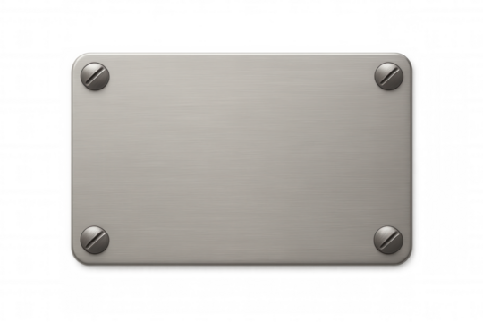 Stainless steel brushed metal plate with rounded corners, screw bolts securing the industrial texture surface