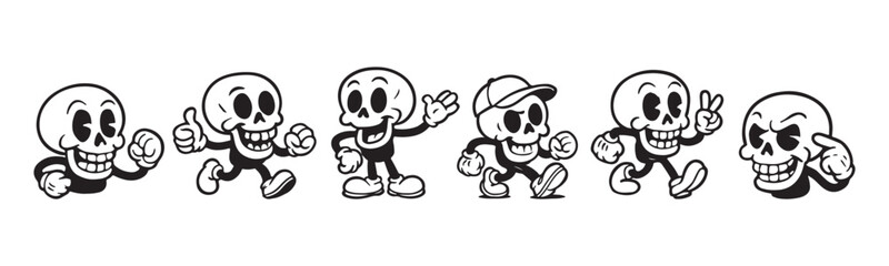 Spooky cartoon skeletons in retro animation style perfect for Halloween designs, stickers, character concepts, or quirky party invitations