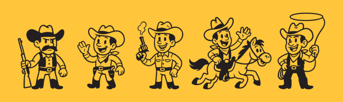 Naklejki Wild West cartoon cowboys with guns, horses, and lassos ready for adventure, perfect for kids' projects and playful designs, creating a sense of carefree fun