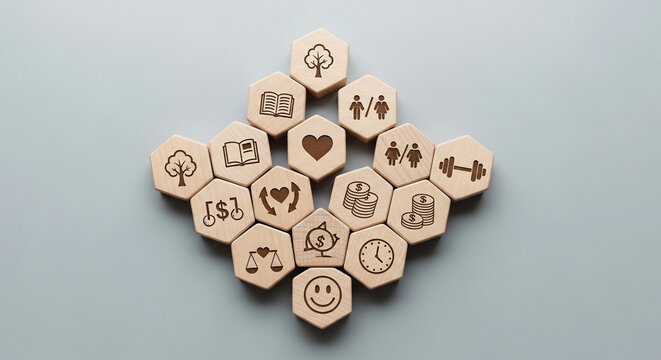Hexagonal wooden blocks with icons representing family, health, environment, and happiness arranged in a diamond shape