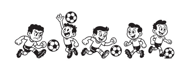 Dynamic cartoon sequence of boy playing soccer, showcasing progression and energy, perfect for sports marketing, animation, and educational materials