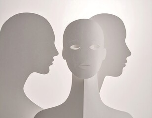 Three profile silhouettes of heads, creating a sense of observation and introspection. Light and shadow play against a white background, emphasizing the emotional nuance of the central figure