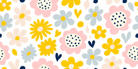 Cute and colorful abstract floral pattern with hearts and dots on white background