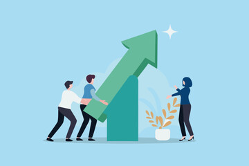 Teamwork and collaboration pushing upward growth arrow towards success and achievement