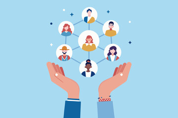 Diverse group of people connected in a network diagram held by caring hands