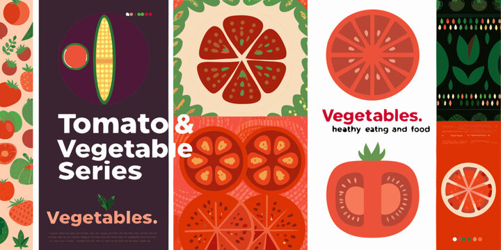 A vibrant collection of stylized tomato and vegetable illustrations in a playful artistic design