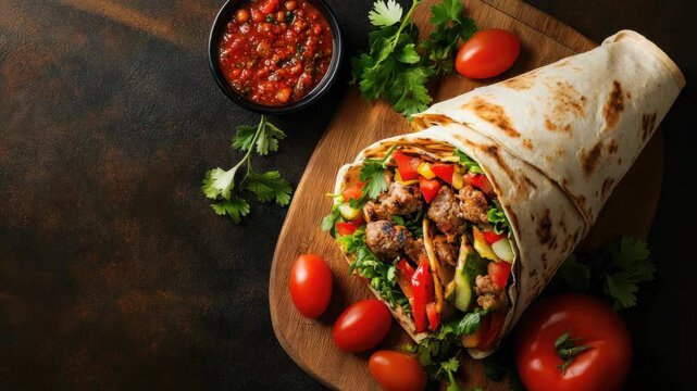 Savory, fresh wrap filled with grilled meat, veggies, and herbs beside bowl of sauce