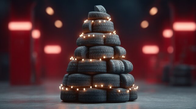 Creative tire tree decorated with lights in an automotive shop during the holiday season