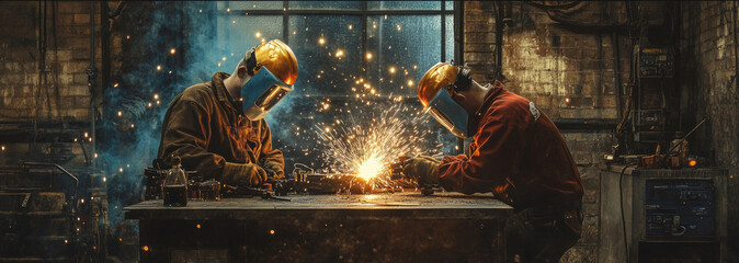 Workers wearing protective masks are welding in the workshop; hazardous working conditions are useful for articles on industry and occupational safety.