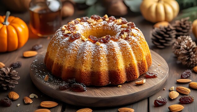 Homemade bundt cake dusted with powdered sugar, decorated with dried fruits and nuts on wooden board, autumn pumpkins and pine cones in background.