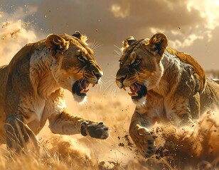 Two lionesses clash in a dramatic dust-filled confrontation