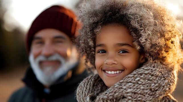 Joyful mixed race girl with curly afro hair and senior man with white beard sharing heartwarming moment outdoors during golden sunset light.