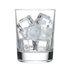 Clear Whiskey Rocks Glass Filled with Melting Ice Cubes Isolated on a Pure White Background