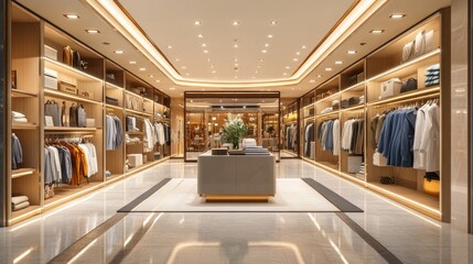 A modern, bright boutique with clothing and accessories, spacious shelves, and a stylish interior that creates an atmosphere of luxury.
Suitable for advertising fashion brands 