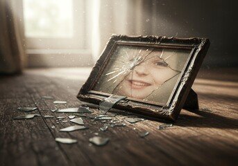 Framed smile portrait shattered on wooden floor..