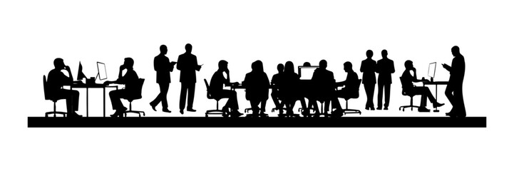 Silhouette of business people working and meeting in office. teamwork discussion.