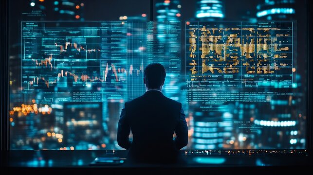 A person in an office overlooking the city at night, surrounded by screens displaying graphs. Suitable for content related to finance, business, analytics, urban life 