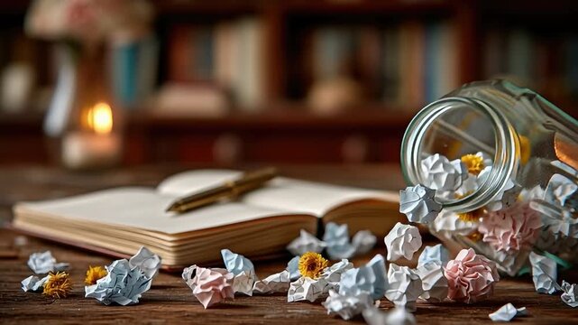 The Writer's Desk: A symbolic depiction of inspiration and the creative process, showcasing an open book and crumpled paper balls scattered on a desk, evoking the spirit of imagination.