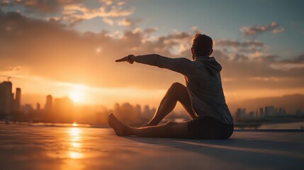 Young man sitting on rooftop edge pointing at sunset over urban skyline, dramatic orange sky and clouds create atmospheric cityscape silhouette at dusk.